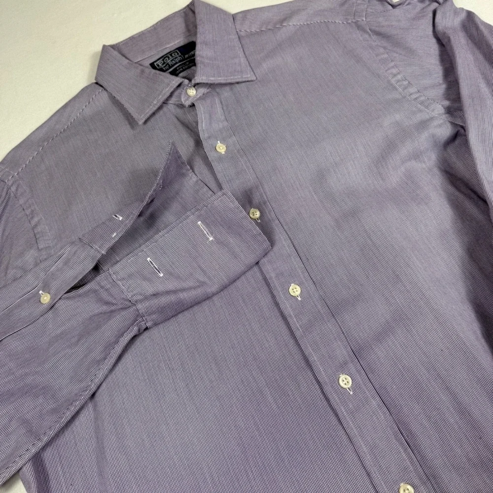 Polo Ralph Lauren Philip Dress Shirt 16 34 Purple White Micro Stripe French Cuff